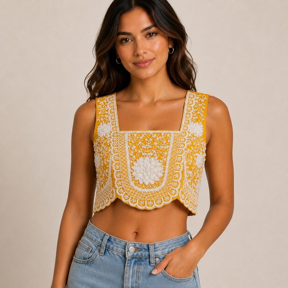 Embroidered Square-Neck Crop Top in Mustard Yellow